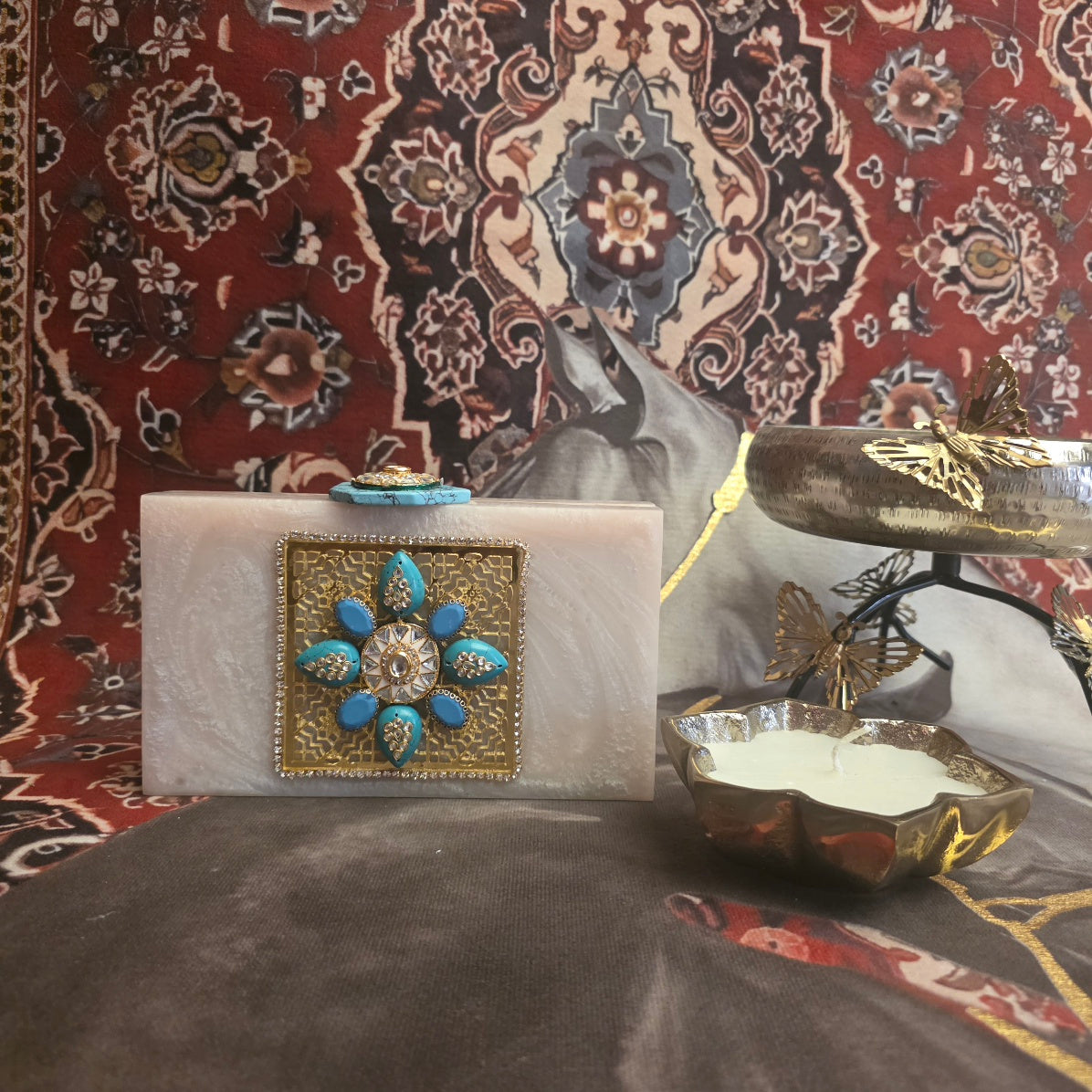 Filigree firoza resin clutch in ivory