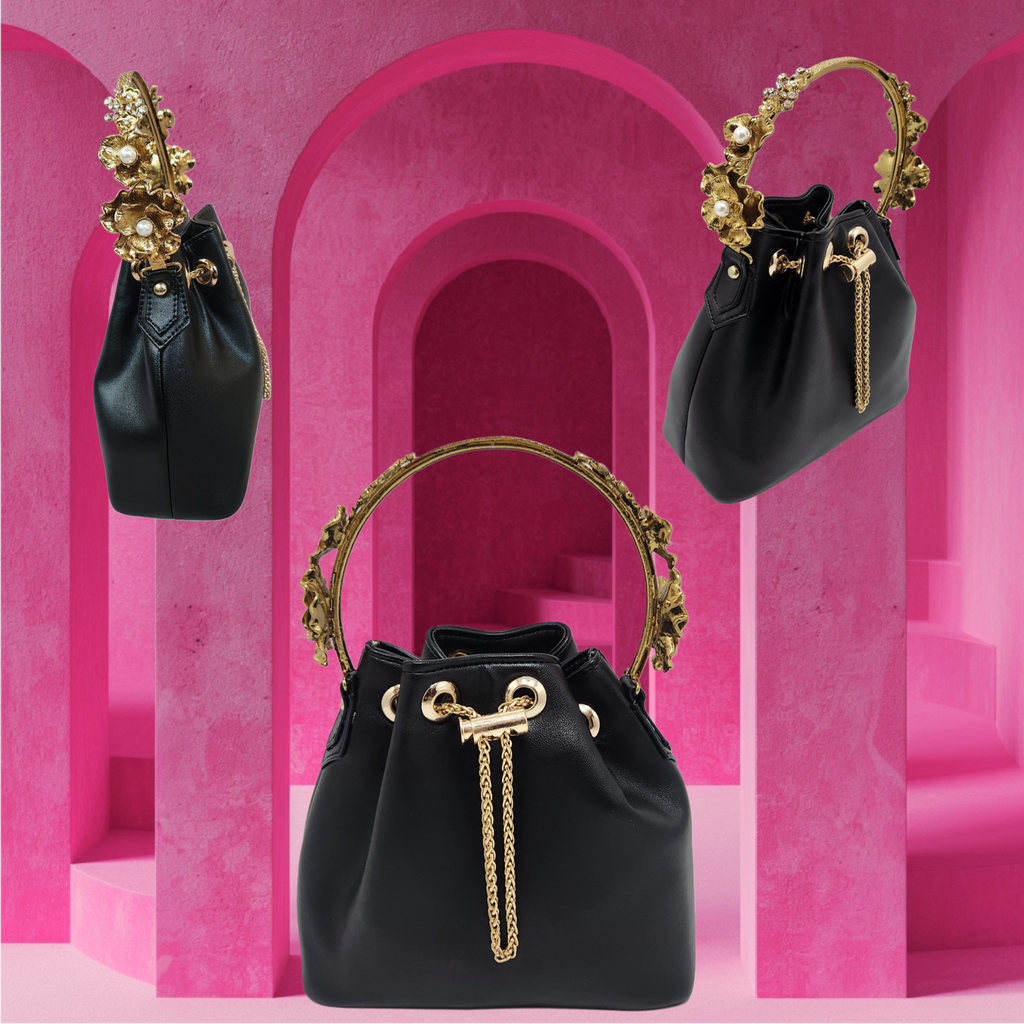 Floral handle bucket bag [black]