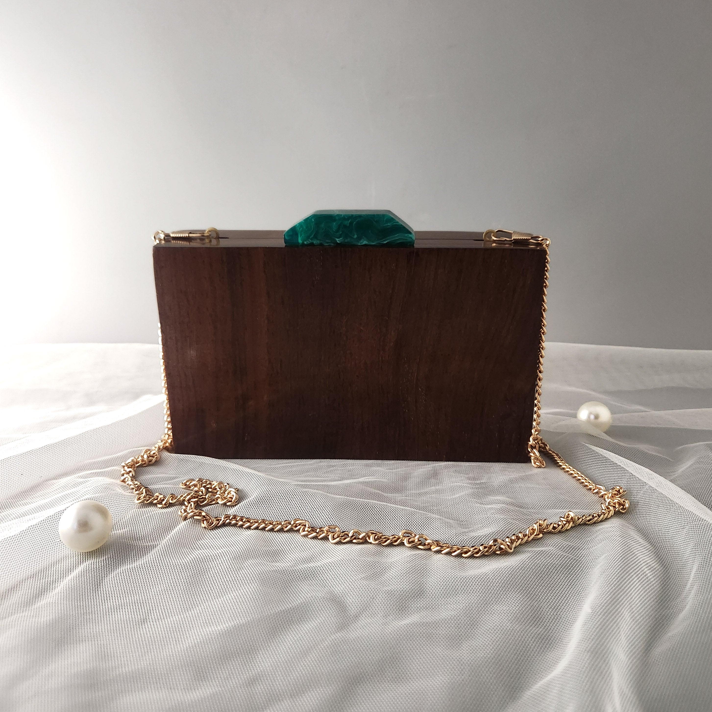 Dragonfly wood & resin clutch bag