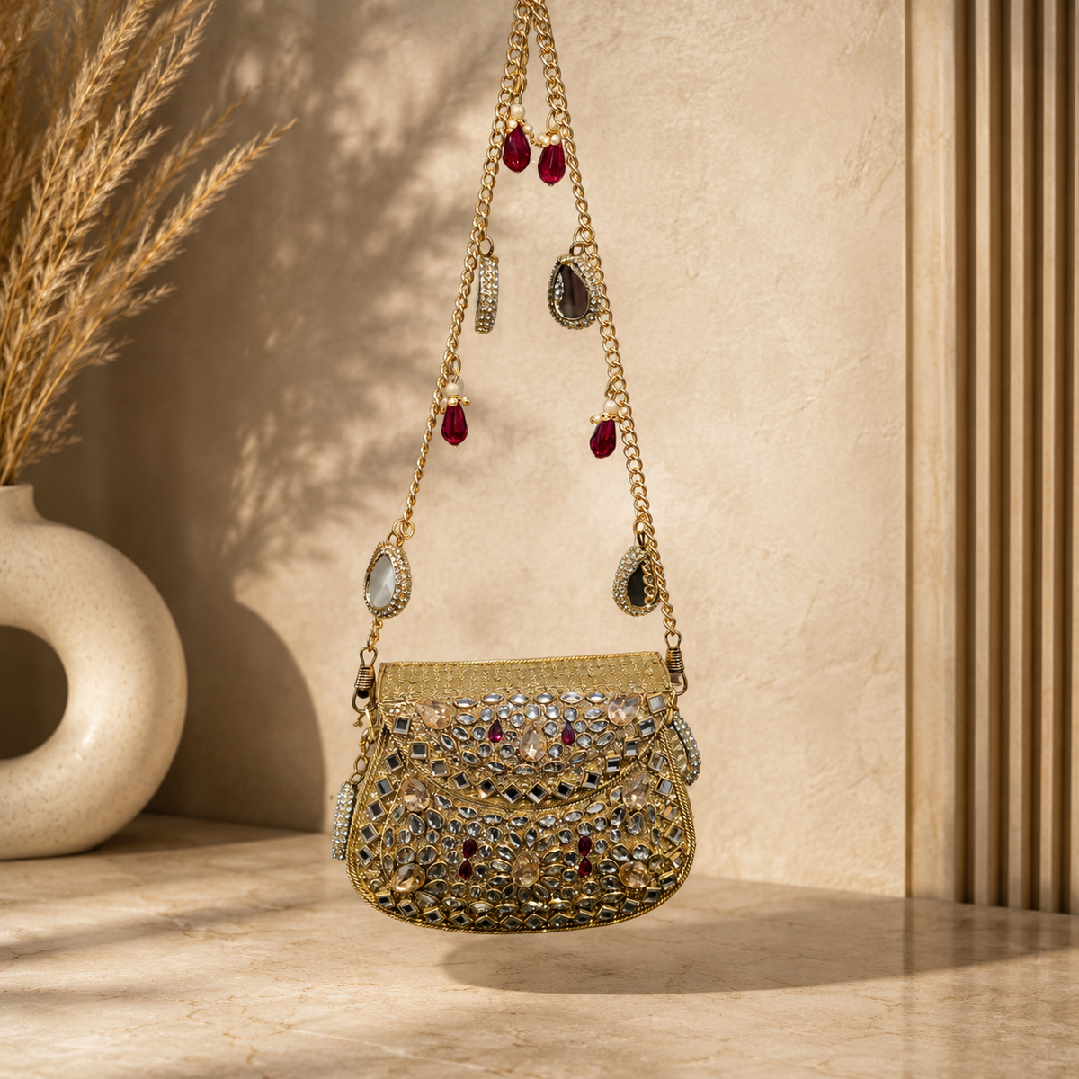 Mini kundan mosaic bag - gold & red Main image